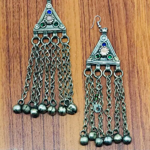 Vintage Long Bells Earrings, Silver Kuchi Boho Jewelry, Handmade Kuchi Earrings - Picture 2 of 7